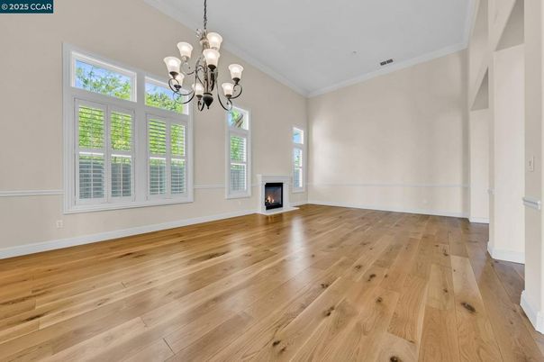 Chandelier, Empty room, Fireplace, Interior, Wood Texture Flooring