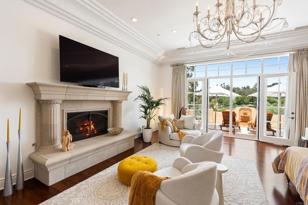 Chandelier, Fireplace, Interior, Living room, Recessed Lighting, Wood Texture Flooring
