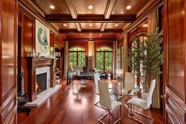 Fireplace, Home Office, Interior, Recessed Lighting, Wooden Beams, Wooden Ceilings, Wood Texture Flooring, Wooden Walls