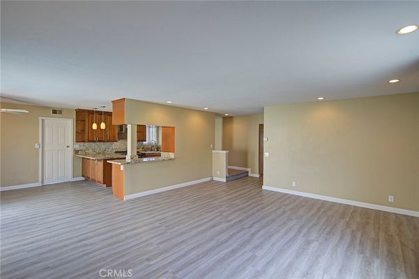 Empty room, Interior, Kitchen, Recessed Lighting, Wood Texture Flooring