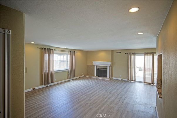 Empty room, Fireplace, Interior, Recessed Lighting, Wood Texture Flooring