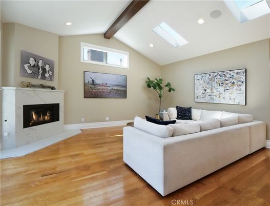 Fireplace, Interior, Living room, Recessed Lighting, Wooden Beams, Wood Texture Flooring