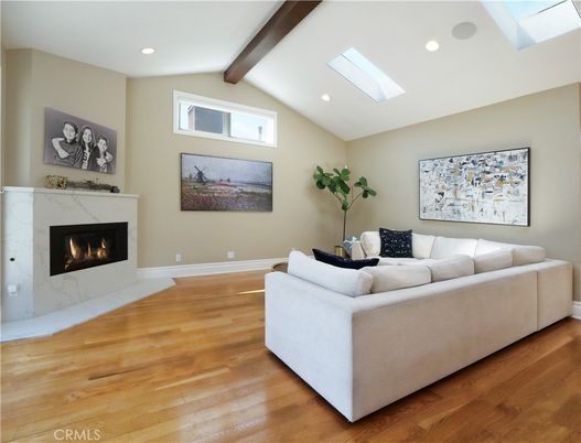 Fireplace, Interior, Living room, Recessed Lighting, Wooden Beams, Wood Texture Flooring