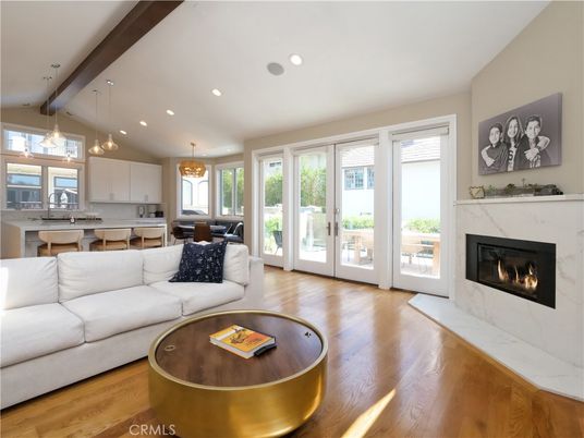 Dining room, Fireplace, Interior, Kitchen, Living room, Pendant Lights, Recessed Lighting, Wooden Beams, Wood Texture Flooring
