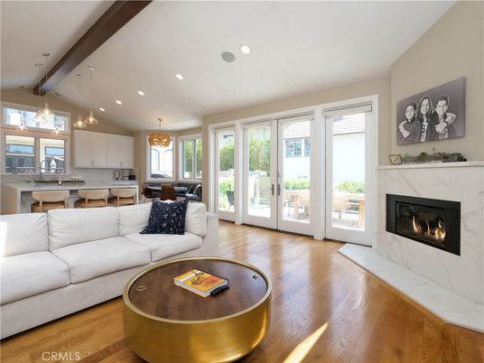 Dining room, Fireplace, Interior, Kitchen, Living room, Pendant Lights, Recessed Lighting, Wooden Beams, Wood Texture Flooring