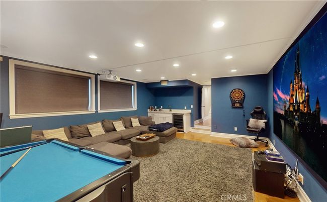 Billiard Table, Game Room, Interior, Living room, Projection Screen, Recessed Lighting, Wood Texture Flooring