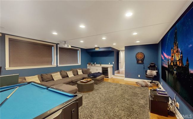 Billiard Table, Game Room, Interior, Living room, Projection Screen, Recessed Lighting, Wood Texture Flooring
