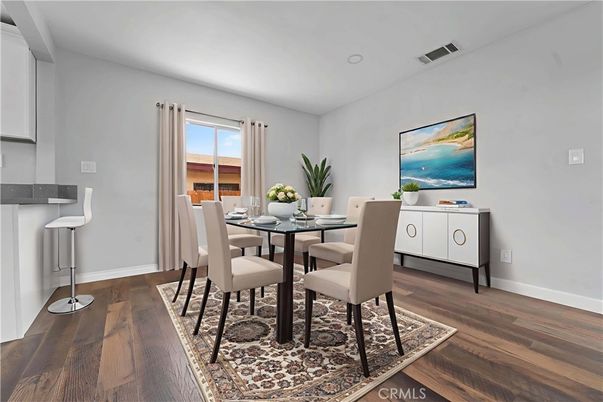 Dining room, Interior, Recessed Lighting, Wood Texture Flooring