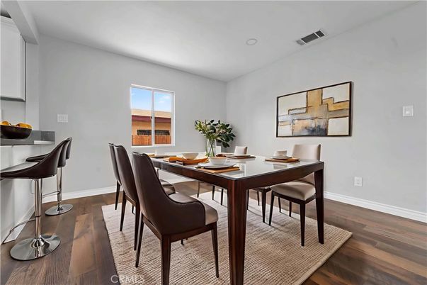 Dining room, Interior, Recessed Lighting, Wood Texture Flooring