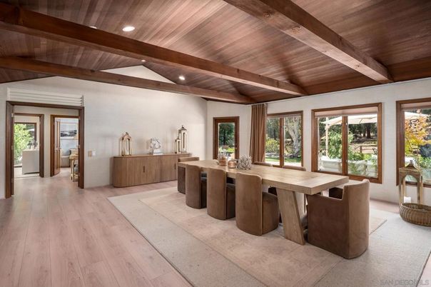 Dining room, Interior, Recessed Lighting, Wooden Beams, Wooden Ceilings, Wood Texture Flooring