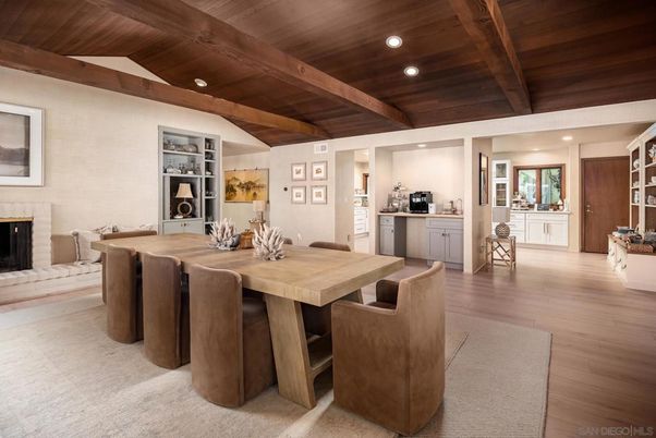 Dining room, Fireplace, Interior, Kitchen, Recessed Lighting, Wooden Beams, Wooden Ceilings, Wood Texture Flooring