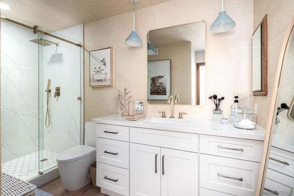 Bathroom, Glass Shower, Interior, Marble Walls, Pendant Lights, Recessed Lighting