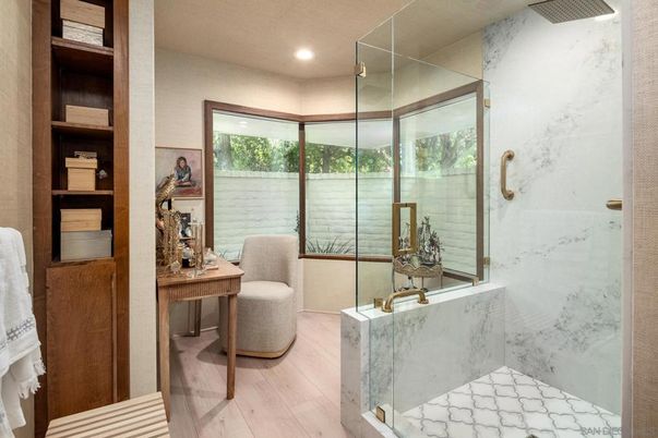Bathroom, Interior, Marble Walls, Recessed Lighting, Wood Texture Flooring