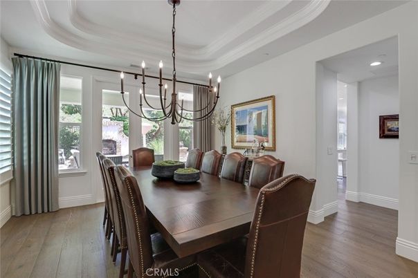 Chandelier, Dining room, Interior, Pendant Lights, Recessed Lighting, Wood Texture Flooring