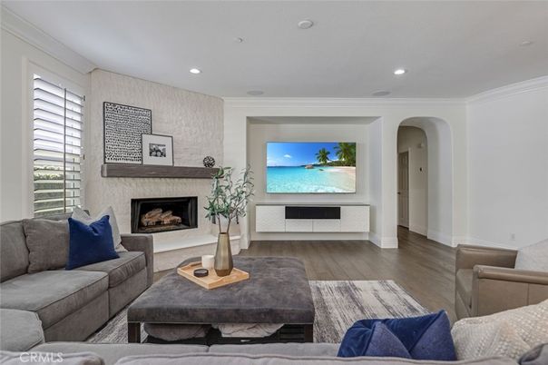 Fireplace, Interior, Living room, Recessed Lighting, Wood Texture Flooring