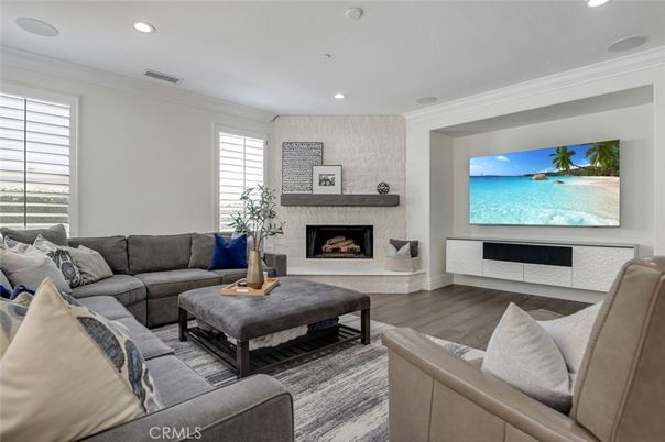 Fireplace, Interior, Living room, Recessed Lighting, Wood Texture Flooring