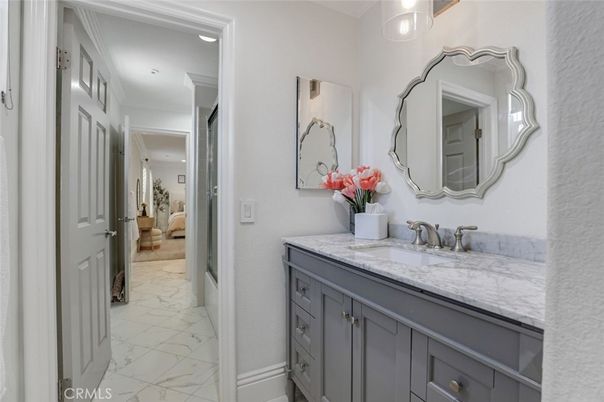 Bathroom, Dual Sink Vanities, Interior, Marble, Recessed Lighting