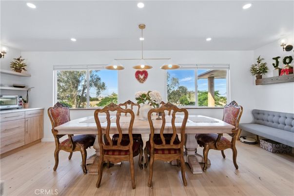 Dining room, Interior, Pendant Lights, Recessed Lighting, Wood Texture Flooring