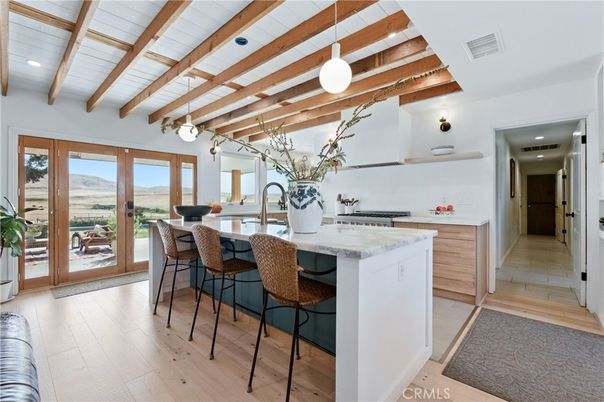 Interior, Kitchen, Pendant Lights, Recessed Lighting, Wooden Beams, Wood Texture Flooring