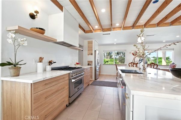 Interior, Kitchen, Recessed Lighting, Stainless Steel Appliances, Wooden Beams