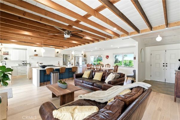 Dining room, Interior, Kitchen, Living room, Pendant Lights, Recessed Lighting, Stainless Steel Appliances, Wooden Beams, Wooden Ceilings, Wood Texture Flooring