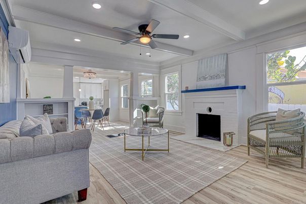 Dining room, Fireplace, Interior, Living room, Recessed Lighting, Wood Texture Flooring