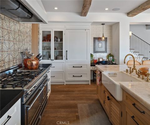 Interior, Kitchen, Pendant Lights, Recessed Lighting, Stainless Steel Appliances, Wooden Beams, Wood Texture Flooring