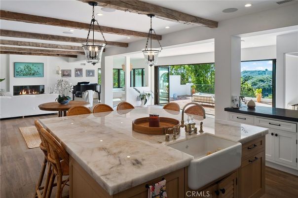 Fireplace, Interior, Kitchen, Living room, Pendant Lights, Recessed Lighting, Wooden Beams, Wood Texture Flooring