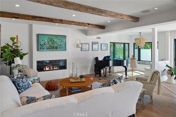 Fireplace, Interior, Living room, Piano, Recessed Lighting, Wooden Beams, Wood Texture Flooring