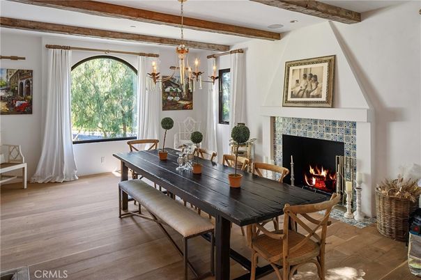 Dining room, Fireplace, Interior, Pendant Lights, Recessed Lighting, Wooden Beams, Wood Texture Flooring