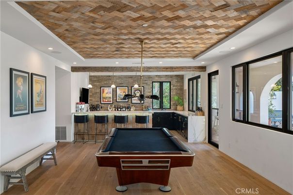 Billiard Table, Game Room, Interior, Pendant Lights, Recessed Lighting, Stone Walls, Wood Texture Flooring