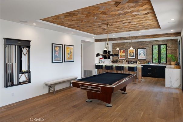 Billiard Table, Game Room, Interior, Pendant Lights, Recessed Lighting, Wooden Ceilings, Wood Texture Flooring