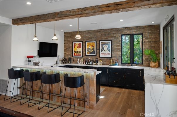 Interior, Pendant Lights, Recessed Lighting, Stone Walls, Wooden Beams, Wood Texture Flooring