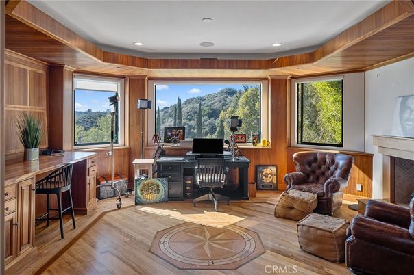Fireplace, Home Office, Interior, Recessed Lighting, Wood Texture Flooring, Wooden Walls