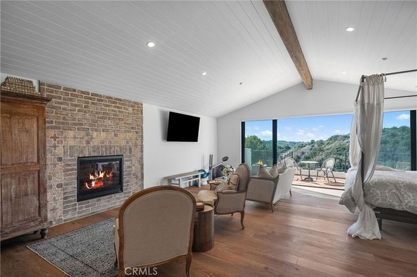 Fireplace, Interior, Living room, Recessed Lighting, Stone Walls, Wooden Beams, Wood Texture Flooring