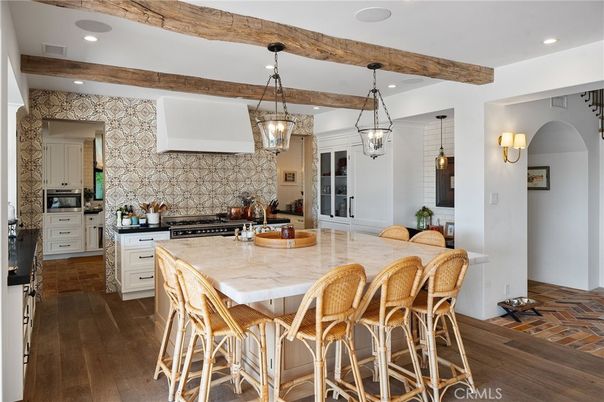 Interior, Kitchen, Pendant Lights, Recessed Lighting, Stainless Steel Appliances, Wooden Beams, Wood Texture Flooring