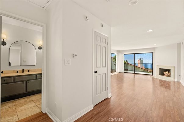 Bathroom, Empty room, Fireplace, Interior, Recessed Lighting, Wood Texture Flooring