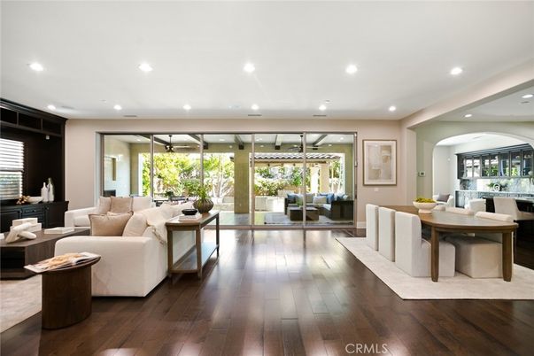 Dining room, Interior, Living room, Recessed Lighting, Wood Texture Flooring