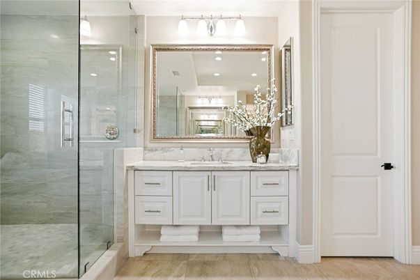 Bathroom, Glass Shower, Interior, Recessed Lighting, Wood Texture Flooring