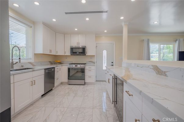 Interior, Kitchen, Marble, Recessed Lighting, Stainless Steel Appliances