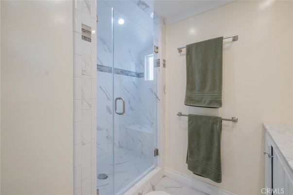 Bathroom, Glass Shower, Interior, Marble, Marble Walls, Recessed Lighting