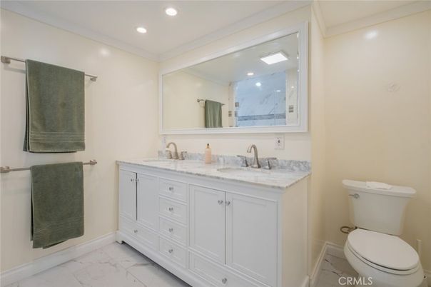 Bathroom, Dual Sink Vanities, Interior, Marble, Recessed Lighting