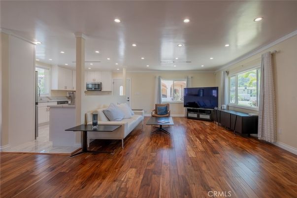 Interior, Kitchen, Living room, Recessed Lighting, Stainless Steel Appliances, Wood Texture Flooring