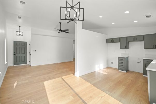 Empty room, Interior, Kitchen, Pendant Lights, Recessed Lighting, Wood Texture Flooring