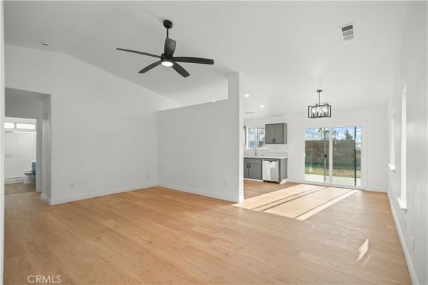 Empty room, Interior, Kitchen, Pendant Lights, Recessed Lighting, Wood Texture Flooring