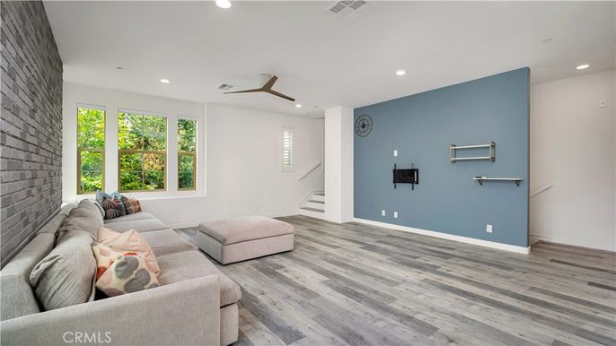Interior, Living room, Recessed Lighting, Stone Walls, Wood Texture Flooring