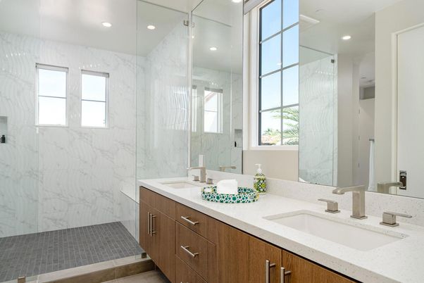 Bathroom, Dual Sink Vanities, Glass Shower, Interior, Marble Walls, Recessed Lighting