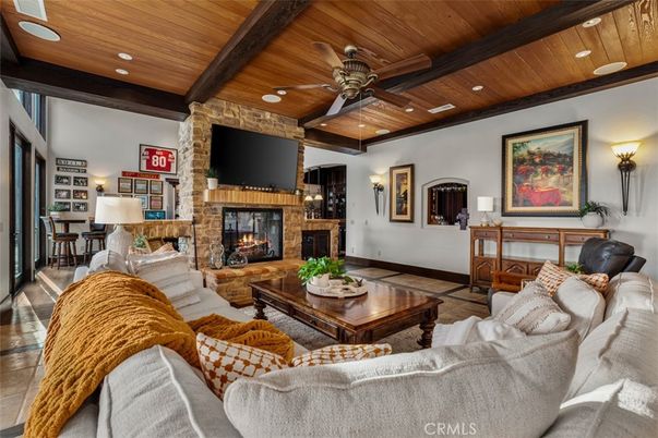 Fireplace, Interior, Living room, Recessed Lighting, Stone Walls, Wooden Beams, Wooden Ceilings