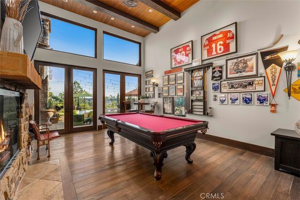 Billiard Table, Fireplace, Game Room, Interior, Recessed Lighting, Wooden Beams, Wooden Ceilings, Wood Texture Flooring