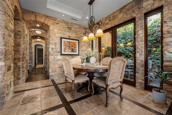 Dining room, Interior, Pendant Lights, Recessed Lighting, Stone Walls